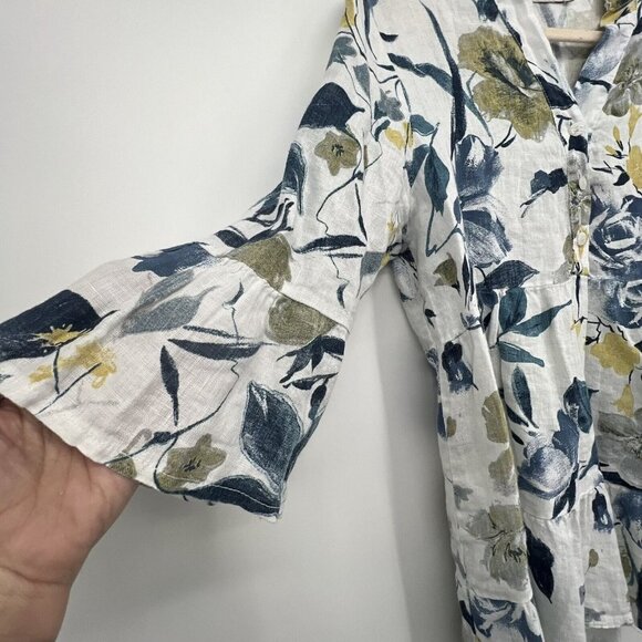 Valentina Naldi Italy Linen Top Sz M Floral Blue 1/2 Bell Sleeve Ruffle Artsy - Picture 9 of 13